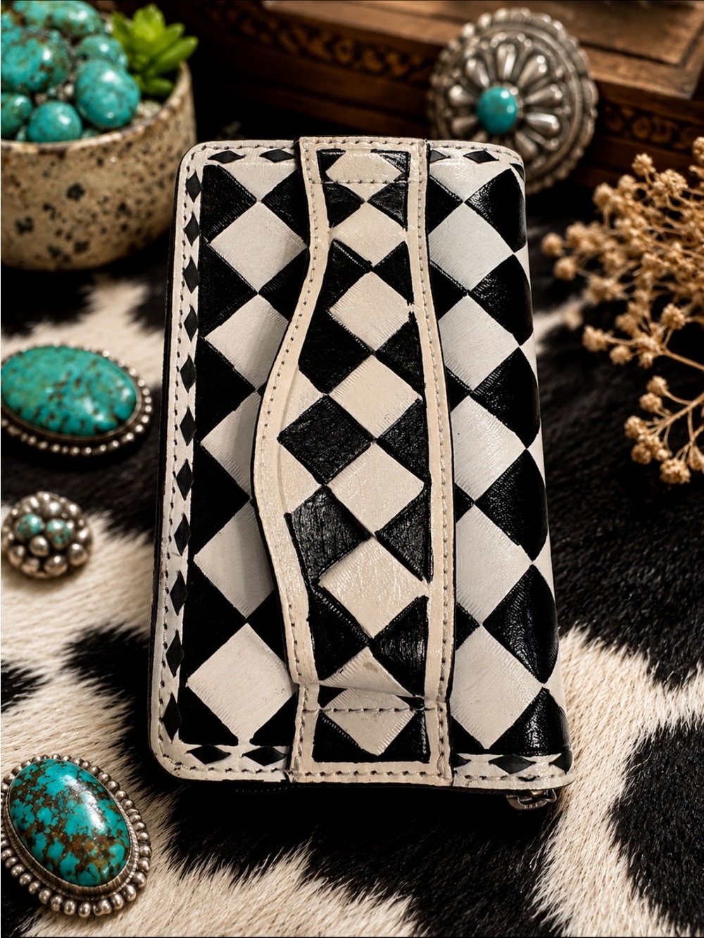 Black & White Checker Leather Clutch Wallet
